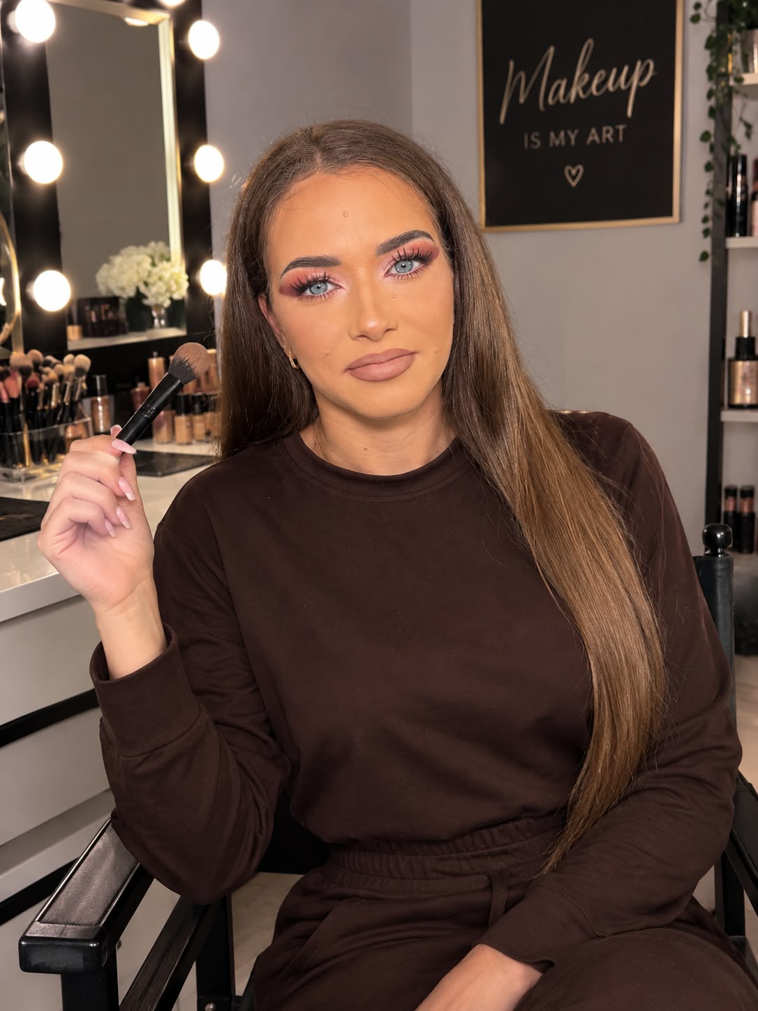 Emy Luiza aplicând machiaj în studioul ei